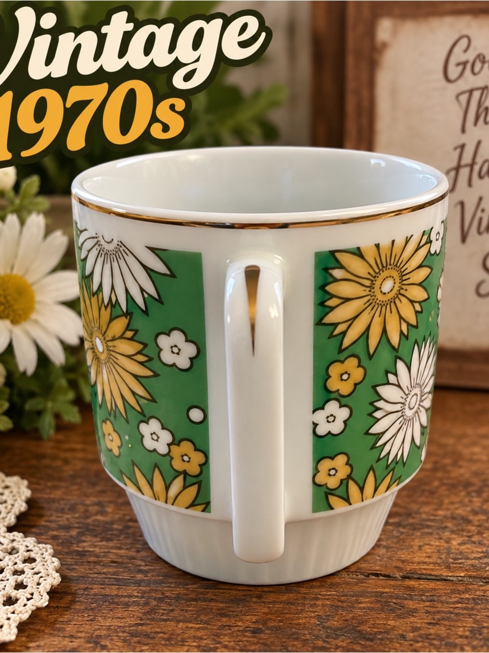 Vintage 1970s Jingdezhen Daisy Floral Porcelain Mug 10 Oz